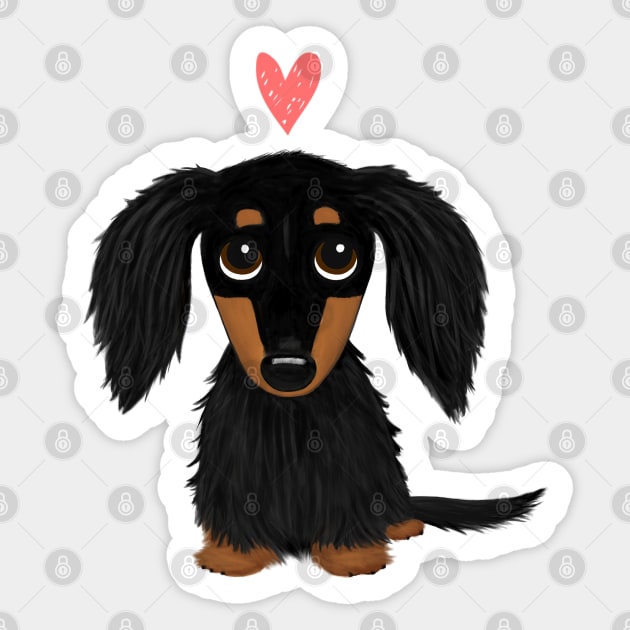 Black and Tan Longhaired Dachshund Cartoon Dog with Heart Sticker by Coffee Squirrel